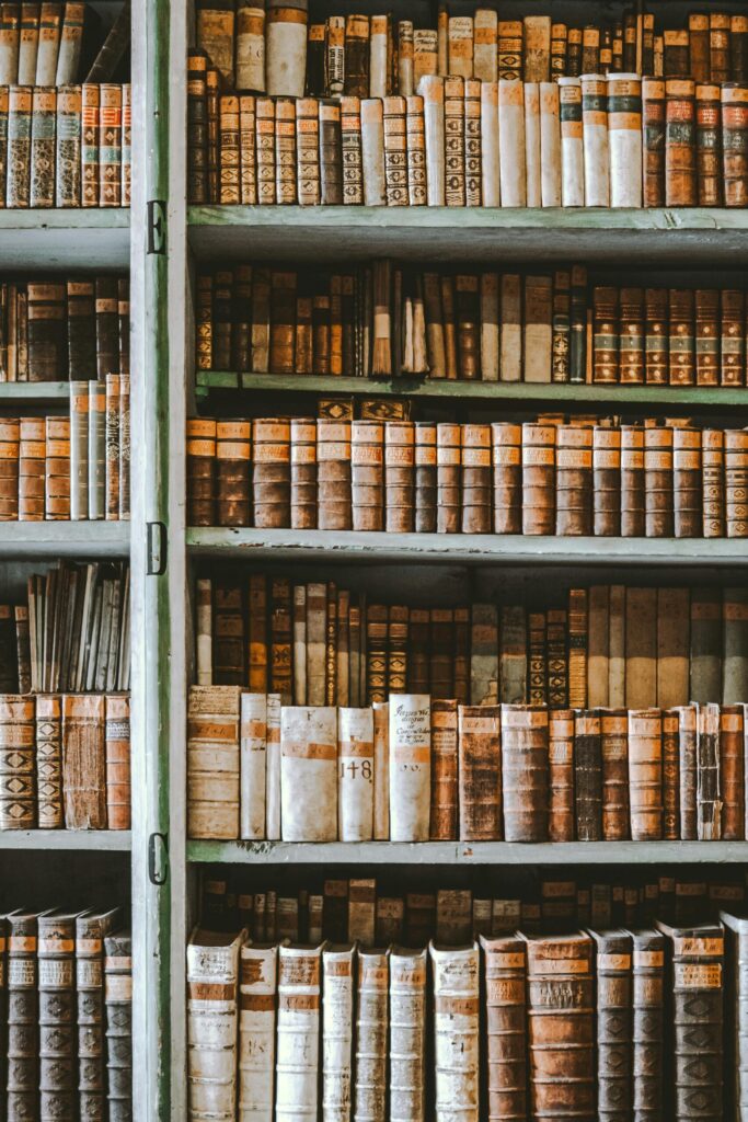 A bookshelf in a dimly lit library filled with vintage books, showcasing a rich collection of literature.